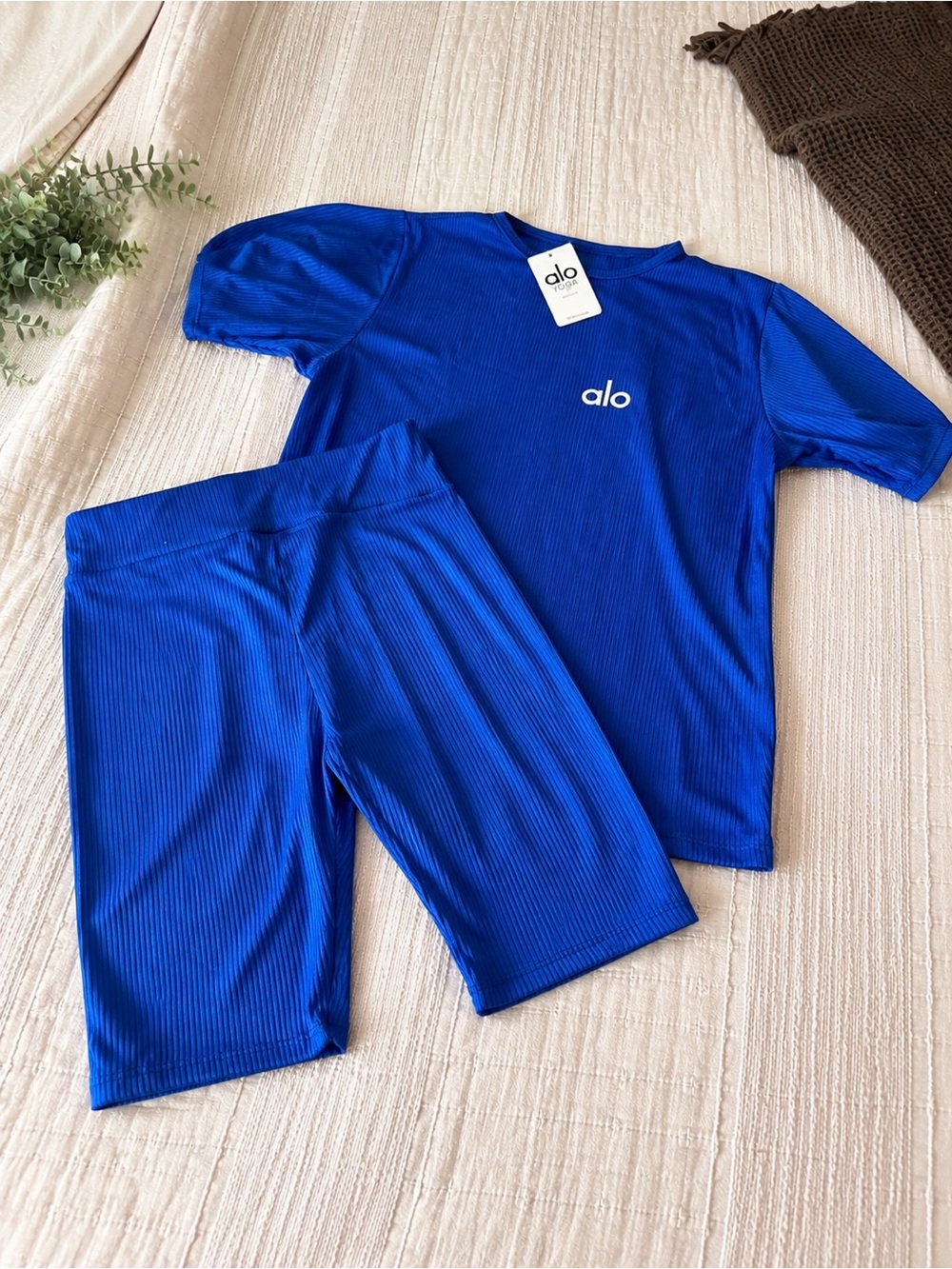 Fashion Blue Ribbed Lightweight Activewear Set – Top & Biker Shorts
